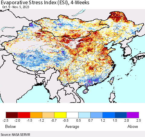 China, Mongolia and Taiwan Evaporative Stress Index (ESI), 4-Weeks Thematic Map For 10/30/2023 - 11/5/2023