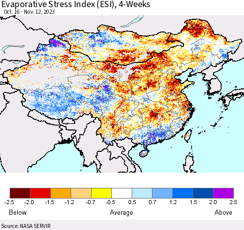 China, Mongolia and Taiwan Evaporative Stress Index (ESI), 4-Weeks Thematic Map For 11/6/2023 - 11/12/2023
