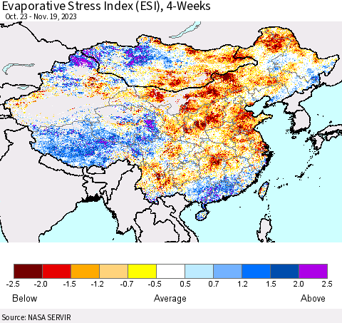 China, Mongolia and Taiwan Evaporative Stress Index (ESI), 4-Weeks Thematic Map For 11/13/2023 - 11/19/2023