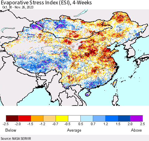 China, Mongolia and Taiwan Evaporative Stress Index (ESI), 4-Weeks Thematic Map For 11/20/2023 - 11/26/2023