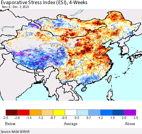 China, Mongolia and Taiwan Evaporative Stress Index (ESI), 4-Weeks Thematic Map For 11/27/2023 - 12/3/2023