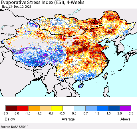 China, Mongolia and Taiwan Evaporative Stress Index (ESI), 4-Weeks Thematic Map For 12/4/2023 - 12/10/2023
