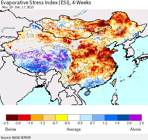 China, Mongolia and Taiwan Evaporative Stress Index (ESI), 4-Weeks Thematic Map For 12/11/2023 - 12/17/2023
