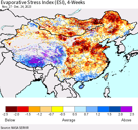 China, Mongolia and Taiwan Evaporative Stress Index (ESI), 4-Weeks Thematic Map For 12/18/2023 - 12/24/2023