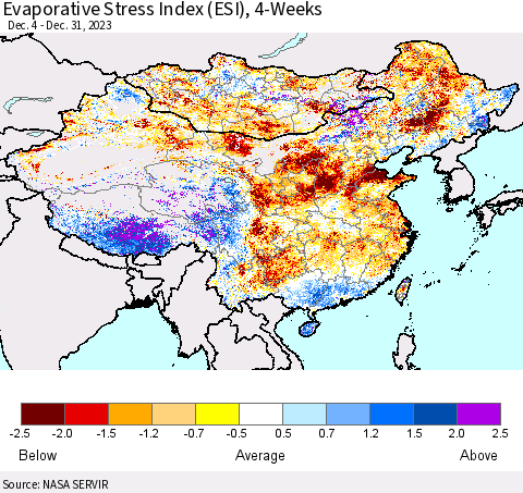 China, Mongolia and Taiwan Evaporative Stress Index (ESI), 4-Weeks Thematic Map For 12/25/2023 - 12/31/2023