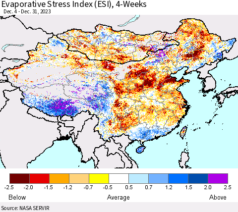 China, Mongolia and Taiwan Evaporative Stress Index (ESI), 4-Weeks Thematic Map For 1/1/2024 - 1/7/2024