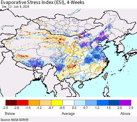 China, Mongolia and Taiwan Evaporative Stress Index (ESI), 4-Weeks Thematic Map For 1/8/2024 - 1/14/2024