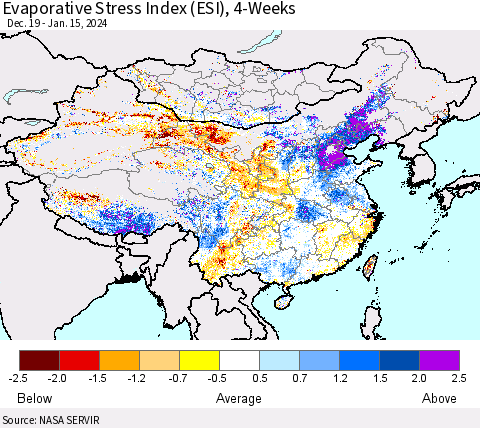 China, Mongolia and Taiwan Evaporative Stress Index (ESI), 4-Weeks Thematic Map For 1/15/2024 - 1/21/2024