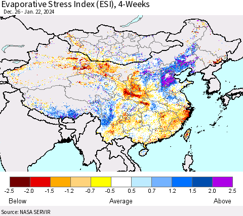 China, Mongolia and Taiwan Evaporative Stress Index (ESI), 4-Weeks Thematic Map For 1/22/2024 - 1/28/2024