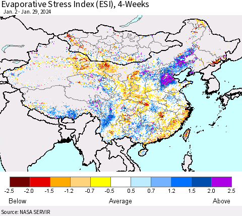China, Mongolia and Taiwan Evaporative Stress Index (ESI), 4-Weeks Thematic Map For 1/29/2024 - 2/4/2024