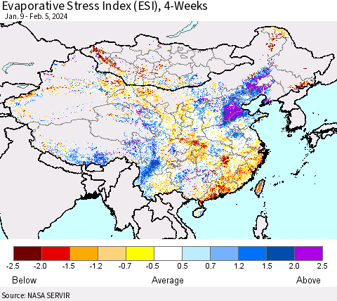China, Mongolia and Taiwan Evaporative Stress Index (ESI), 4-Weeks Thematic Map For 2/5/2024 - 2/11/2024