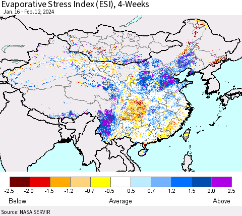 China, Mongolia and Taiwan Evaporative Stress Index (ESI), 4-Weeks Thematic Map For 2/12/2024 - 2/18/2024