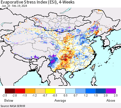 China, Mongolia and Taiwan Evaporative Stress Index (ESI), 4-Weeks Thematic Map For 2/19/2024 - 2/25/2024