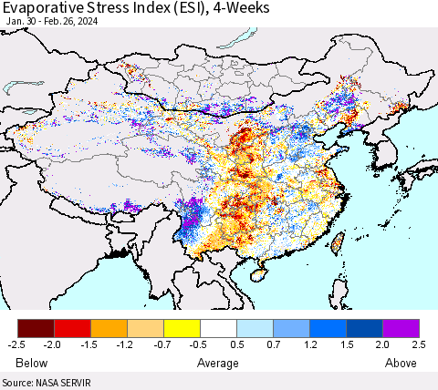 China, Mongolia and Taiwan Evaporative Stress Index (ESI), 4-Weeks Thematic Map For 2/26/2024 - 3/3/2024
