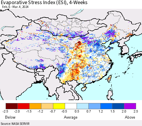 China, Mongolia and Taiwan Evaporative Stress Index (ESI), 4-Weeks Thematic Map For 3/4/2024 - 3/10/2024