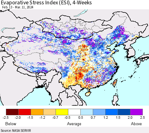 China, Mongolia and Taiwan Evaporative Stress Index (ESI), 4-Weeks Thematic Map For 3/11/2024 - 3/17/2024