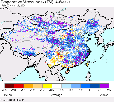 China, Mongolia and Taiwan Evaporative Stress Index (ESI), 4-Weeks Thematic Map For 3/18/2024 - 3/24/2024