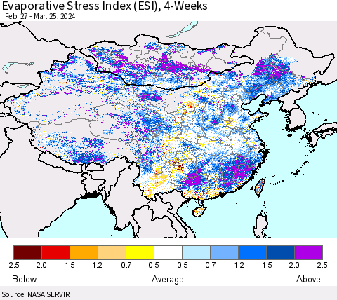 China, Mongolia and Taiwan Evaporative Stress Index (ESI), 4-Weeks Thematic Map For 3/25/2024 - 3/31/2024