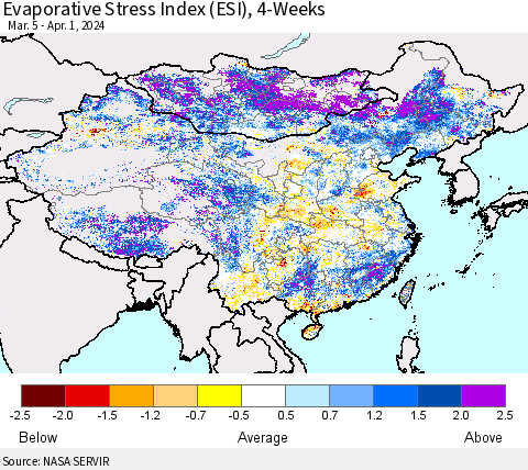 China, Mongolia and Taiwan Evaporative Stress Index (ESI), 4-Weeks Thematic Map For 4/1/2024 - 4/7/2024