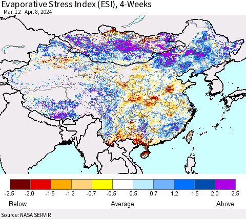 China, Mongolia and Taiwan Evaporative Stress Index (ESI), 4-Weeks Thematic Map For 4/8/2024 - 4/14/2024