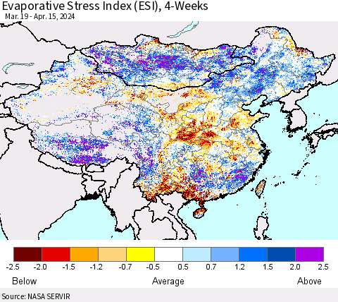 China, Mongolia and Taiwan Evaporative Stress Index (ESI), 4-Weeks Thematic Map For 4/15/2024 - 4/21/2024