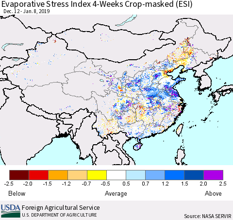China and Taiwan Evaporative Stress Index (ESI), 4-Weeks over Croplands Thematic Map For 1/7/2019 - 1/13/2019