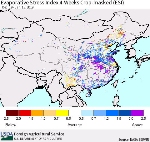 China, Mongolia and Taiwan Evaporative Stress Index (ESI), 4-Weeks over Croplands Thematic Map For 1/14/2019 - 1/20/2019