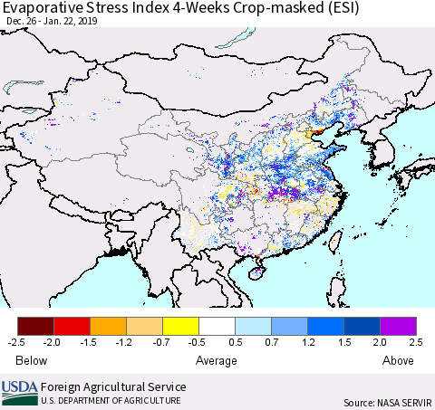 China and Taiwan Evaporative Stress Index (ESI), 4-Weeks over Croplands Thematic Map For 1/21/2019 - 1/27/2019