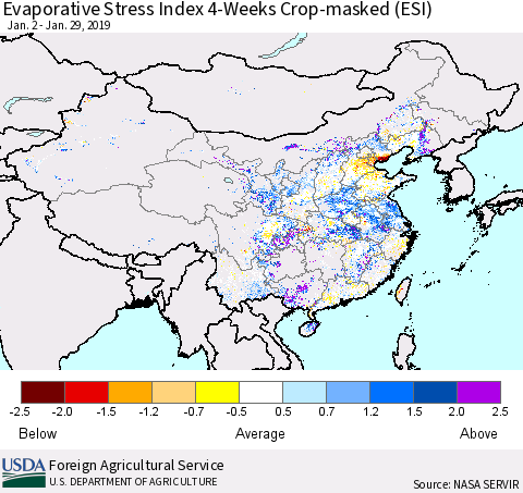 China and Taiwan Evaporative Stress Index 4-Weeks Crop-masked (ESI) Thematic Map For 1/28/2019 - 2/3/2019