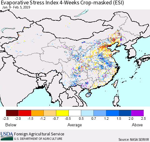 China, Mongolia and Taiwan Evaporative Stress Index (ESI), 4-Weeks over Croplands Thematic Map For 2/4/2019 - 2/10/2019