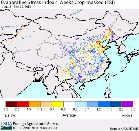 China and Taiwan Evaporative Stress Index (ESI), 4-Weeks over Croplands Thematic Map For 2/11/2019 - 2/17/2019