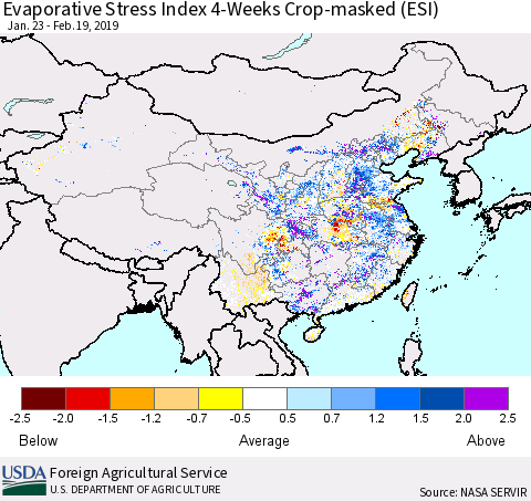 China and Taiwan Evaporative Stress Index 4-Weeks Crop-masked (ESI) Thematic Map For 2/18/2019 - 2/24/2019