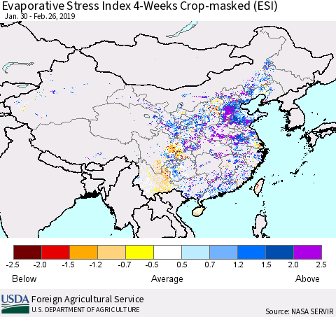 China and Taiwan Evaporative Stress Index 4-Weeks Crop-masked (ESI) Thematic Map For 2/25/2019 - 3/3/2019