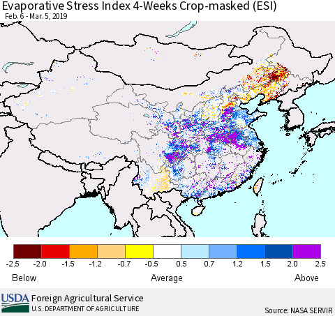 China and Taiwan Evaporative Stress Index 4-Weeks Crop-masked (ESI) Thematic Map For 3/4/2019 - 3/10/2019