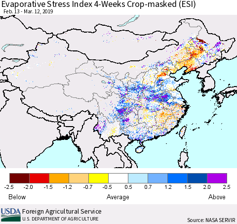 China and Taiwan Evaporative Stress Index (ESI), 4-Weeks over Croplands Thematic Map For 3/11/2019 - 3/17/2019