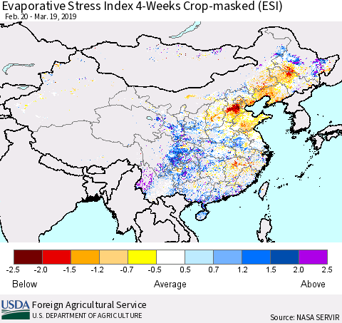 China and Taiwan Evaporative Stress Index 4-Weeks Crop-masked (ESI) Thematic Map For 3/18/2019 - 3/24/2019