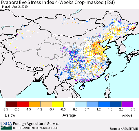 China, Mongolia and Taiwan Evaporative Stress Index (ESI), 4-Weeks over Croplands Thematic Map For 4/1/2019 - 4/7/2019