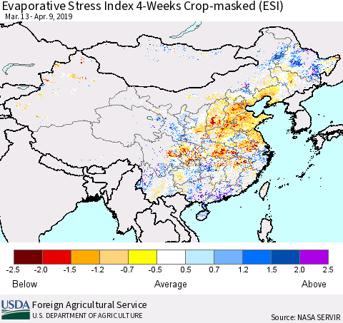 China, Mongolia and Taiwan Evaporative Stress Index (ESI), 4-Weeks over Croplands Thematic Map For 4/8/2019 - 4/14/2019