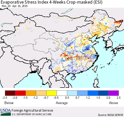China, Mongolia and Taiwan Evaporative Stress Index (ESI), 4-Weeks over Croplands Thematic Map For 4/15/2019 - 4/21/2019