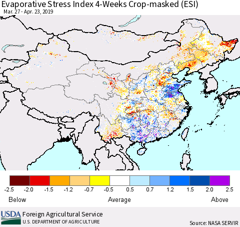 China, Mongolia and Taiwan Evaporative Stress Index (ESI), 4-Weeks over Croplands Thematic Map For 4/22/2019 - 4/28/2019