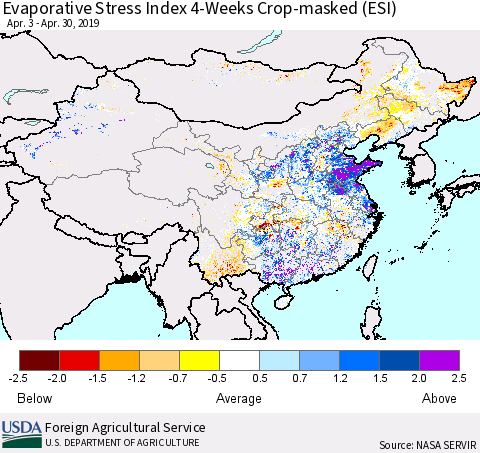 China and Taiwan Evaporative Stress Index 4-Weeks Crop-masked (ESI) Thematic Map For 4/29/2019 - 5/5/2019