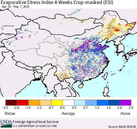 China and Taiwan Evaporative Stress Index 4-Weeks Crop-masked (ESI) Thematic Map For 5/6/2019 - 5/12/2019