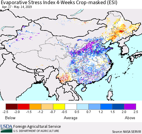 China and Taiwan Evaporative Stress Index (ESI), 4-Weeks over Croplands Thematic Map For 5/13/2019 - 5/19/2019