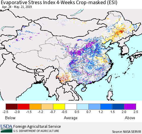 China and Taiwan Evaporative Stress Index (ESI), 4-Weeks over Croplands Thematic Map For 5/20/2019 - 5/26/2019