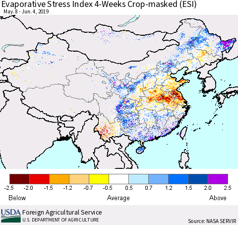 China, Mongolia and Taiwan Evaporative Stress Index (ESI), 4-Weeks over Croplands Thematic Map For 6/3/2019 - 6/9/2019