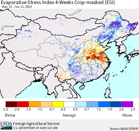China, Mongolia and Taiwan Evaporative Stress Index (ESI), 4-Weeks over Croplands Thematic Map For 6/10/2019 - 6/16/2019