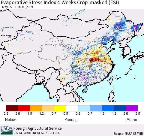 China and Taiwan Evaporative Stress Index (ESI), 4-Weeks over Croplands Thematic Map For 6/17/2019 - 6/23/2019