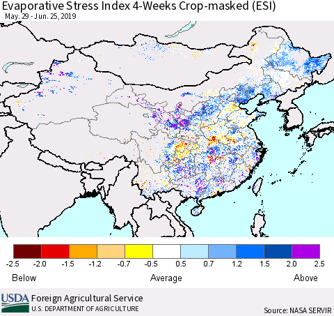 China and Taiwan Evaporative Stress Index 4-Weeks Crop-masked (ESI) Thematic Map For 6/24/2019 - 6/30/2019