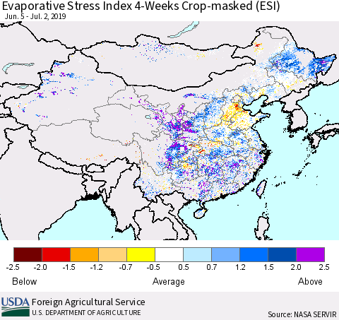 China and Taiwan Evaporative Stress Index (ESI), 4-Weeks over Croplands Thematic Map For 7/1/2019 - 7/7/2019