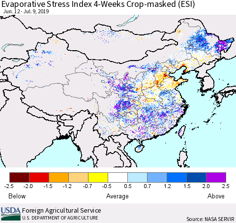 China and Taiwan Evaporative Stress Index (ESI), 4-Weeks over Croplands Thematic Map For 7/8/2019 - 7/14/2019